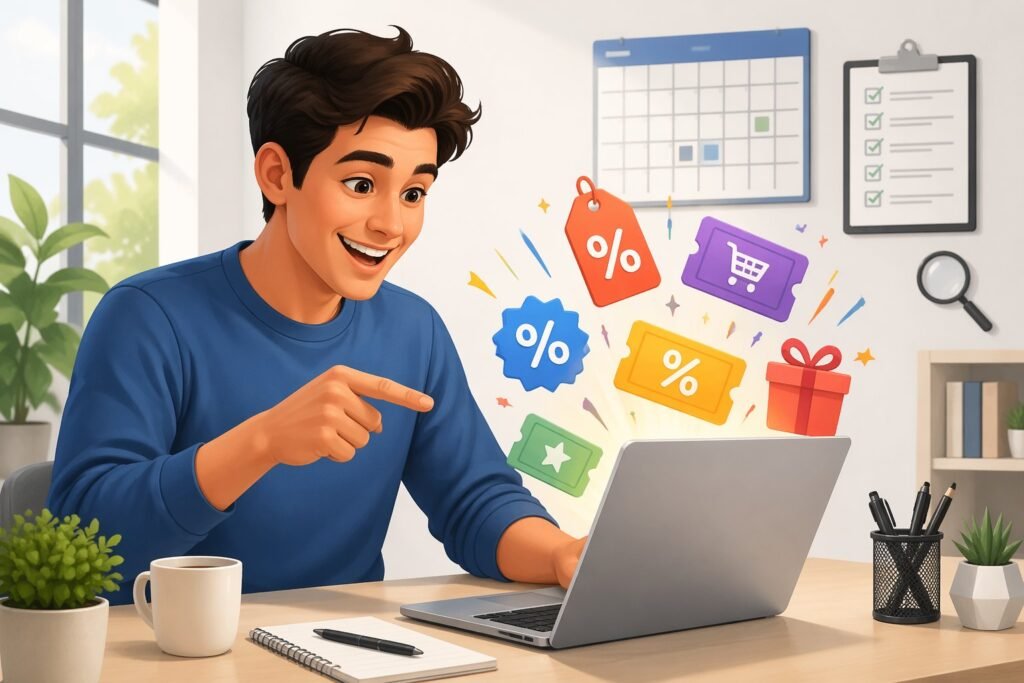 Pessoa sorrindo diante de um laptop com ícones coloridos de promoções ao redor, em um ambiente de trabalho moderno e organizado.