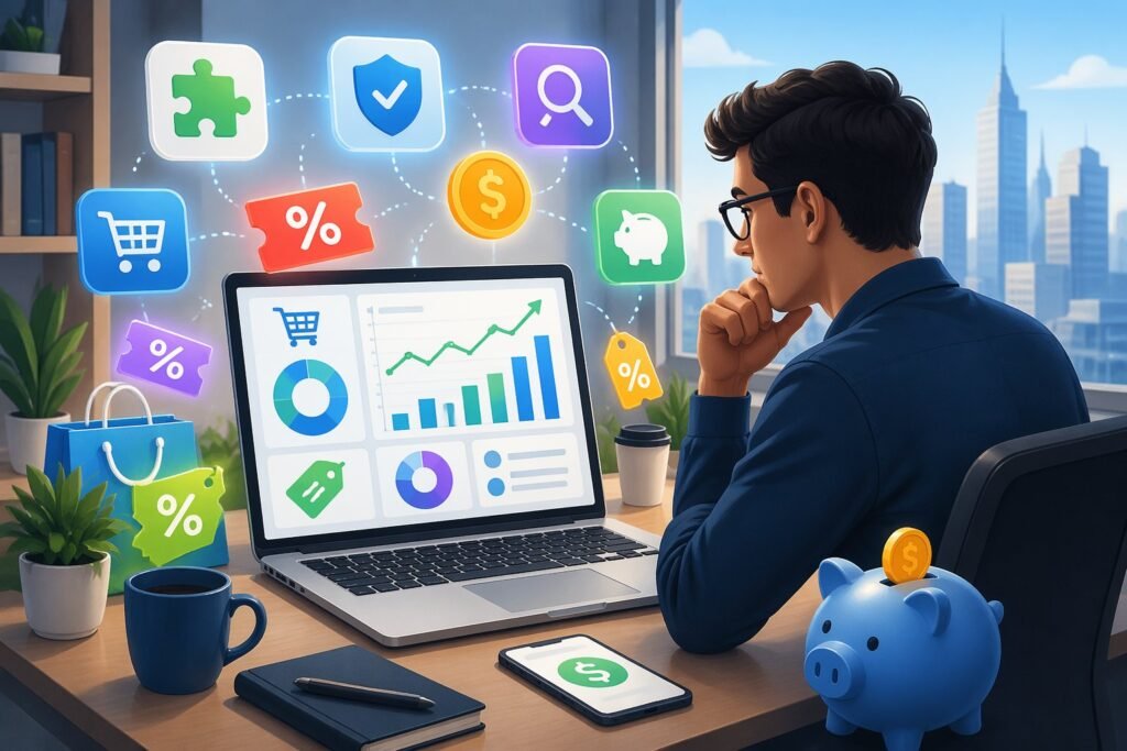 Pessoa analisando gráficos de promoções em um laptop, cercada por ícones de extensões e cupons, em um ambiente de trabalho moderno.