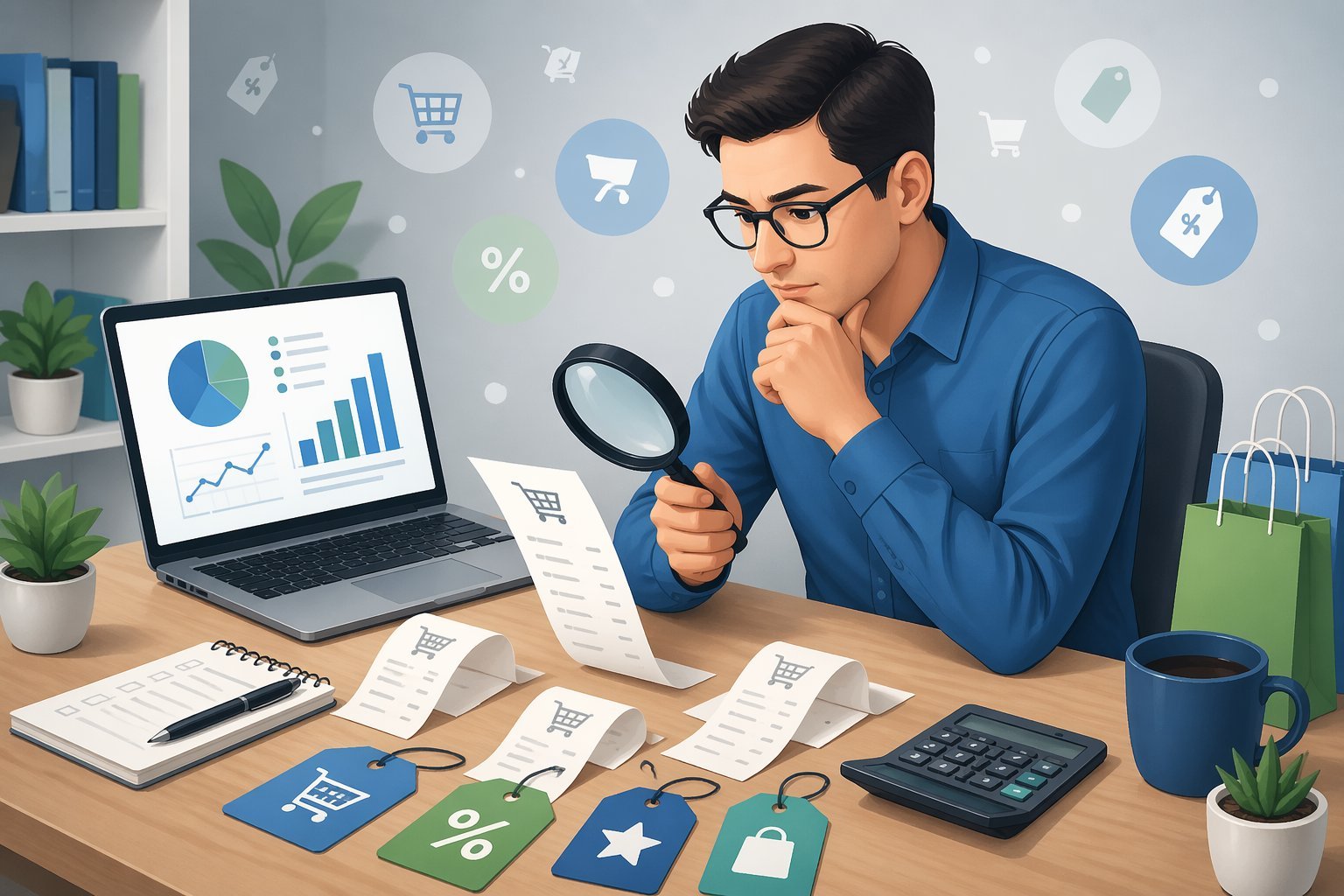 Pessoa analisando cuidadosamente promoções com laptop, recibos, calculadora e lupa em uma mesa organizada.