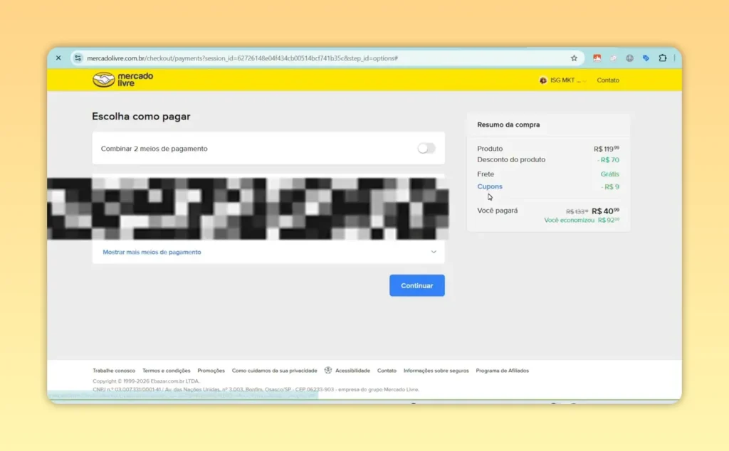 Resumo da compra no checkout do Mercado Livre com desconto de cupom
