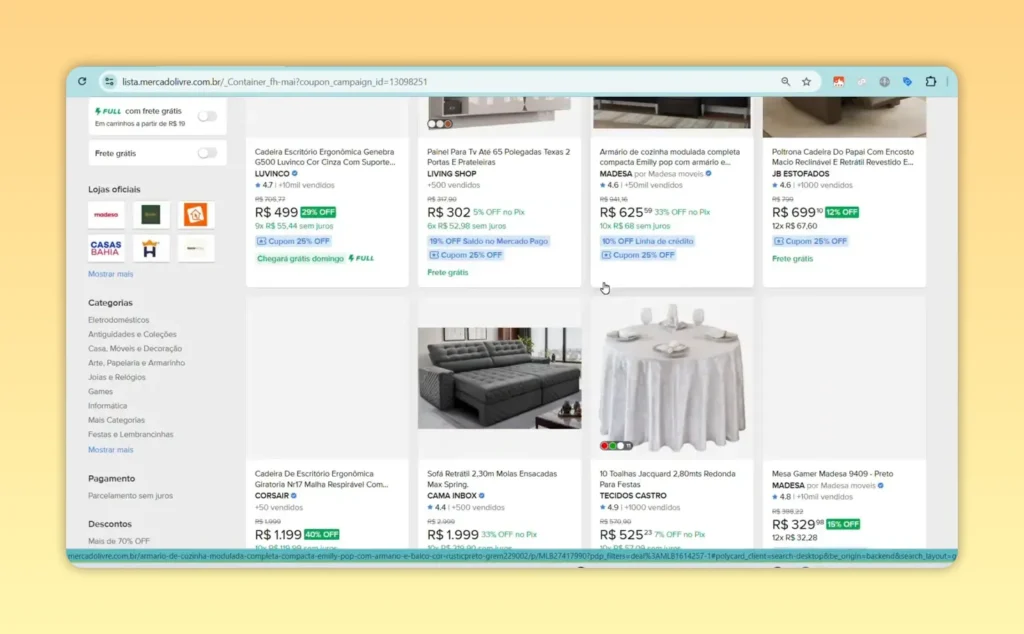 Lista de produtos elegíveis com cupom no Mercado Livre, mostrando preços e opção de cupom