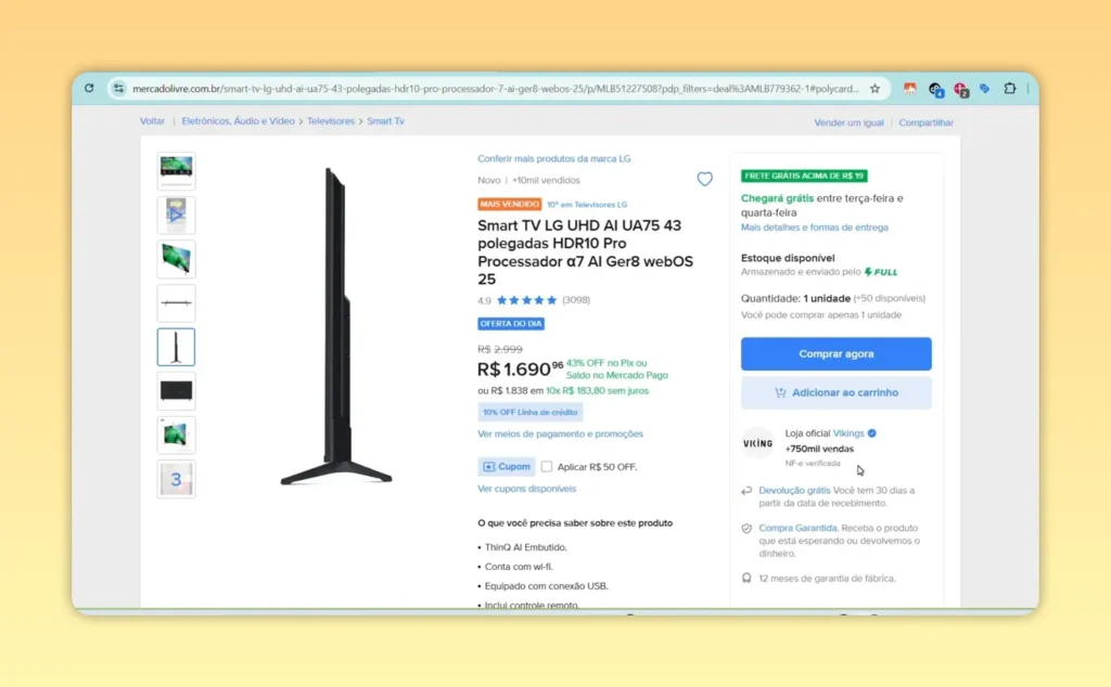 Anúncio do Mercado Livre mostrando o preço e opção de cupom para aplicar desconto direto no produto