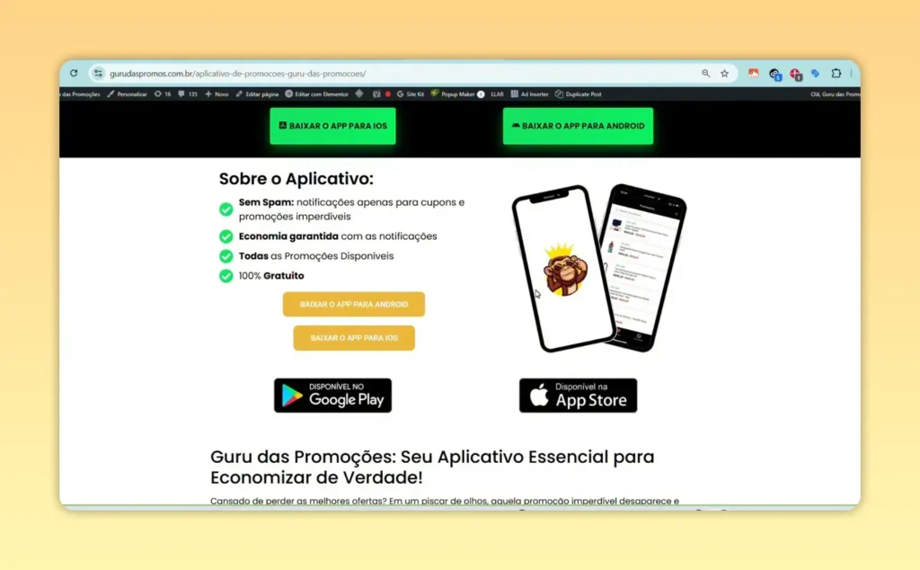 Seção do Guru das Promoções “Sobre o aplicativo” com lista de benefícios e botões de download
