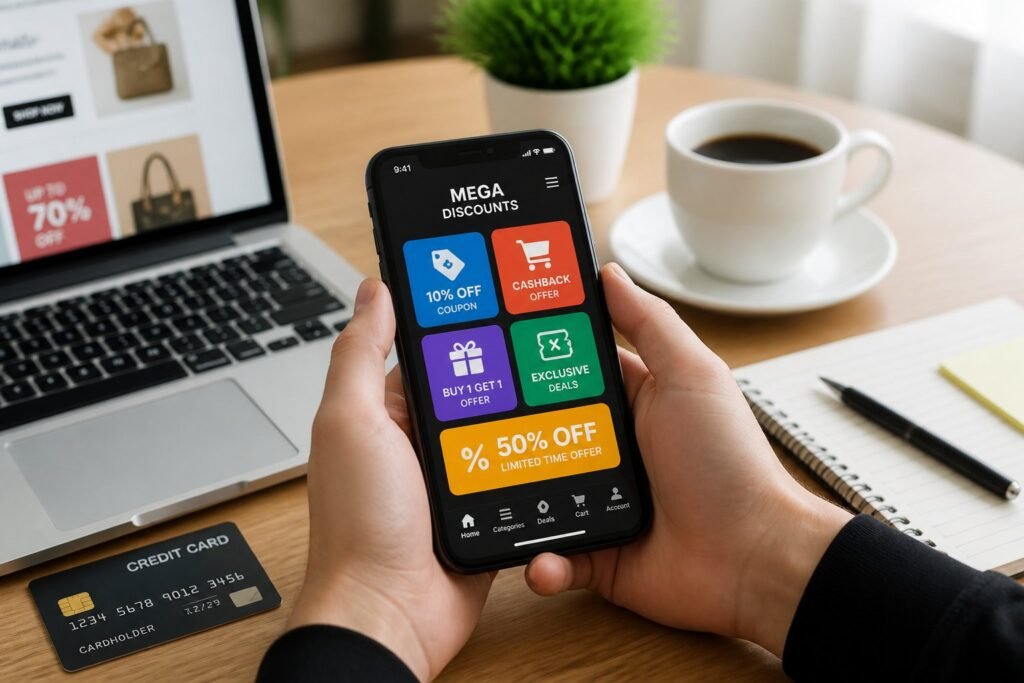 Mesa de trabalho moderna com smartphone mostrando ícones de aplicativos de promoções, laptop, cartão de crédito e café.
