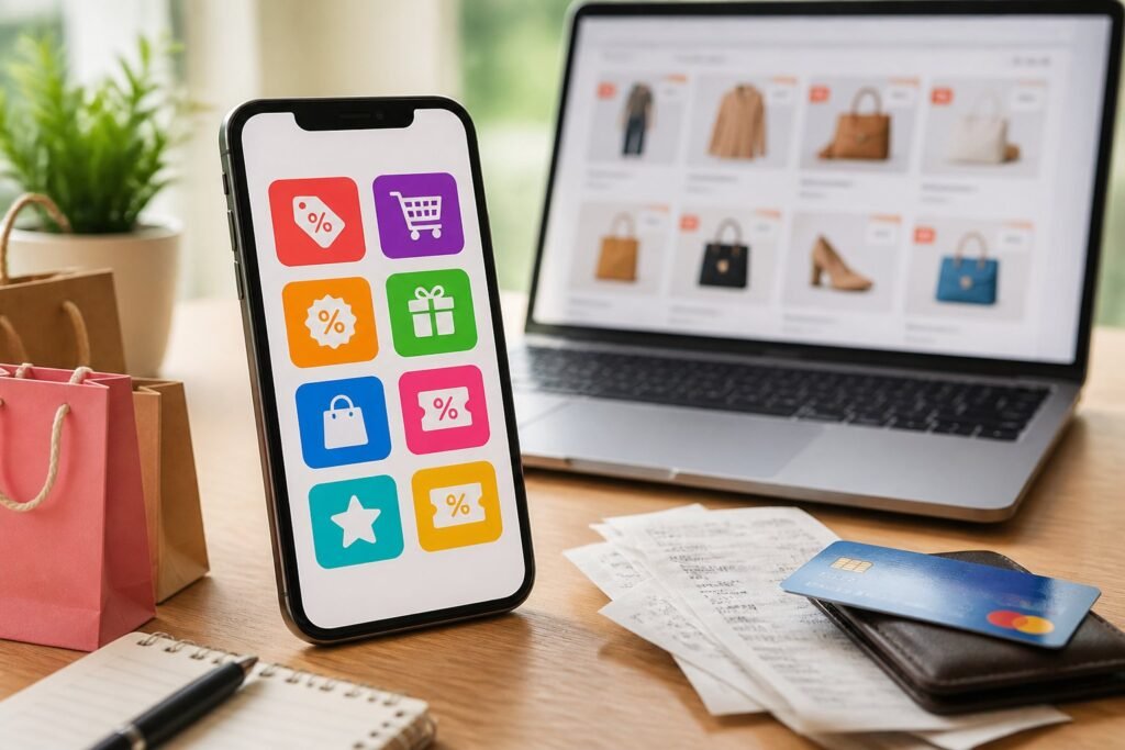 Mesa de trabalho com smartphone mostrando ícones de aplicativos de promoções, cartão de crédito, recibos e laptop ao fundo.